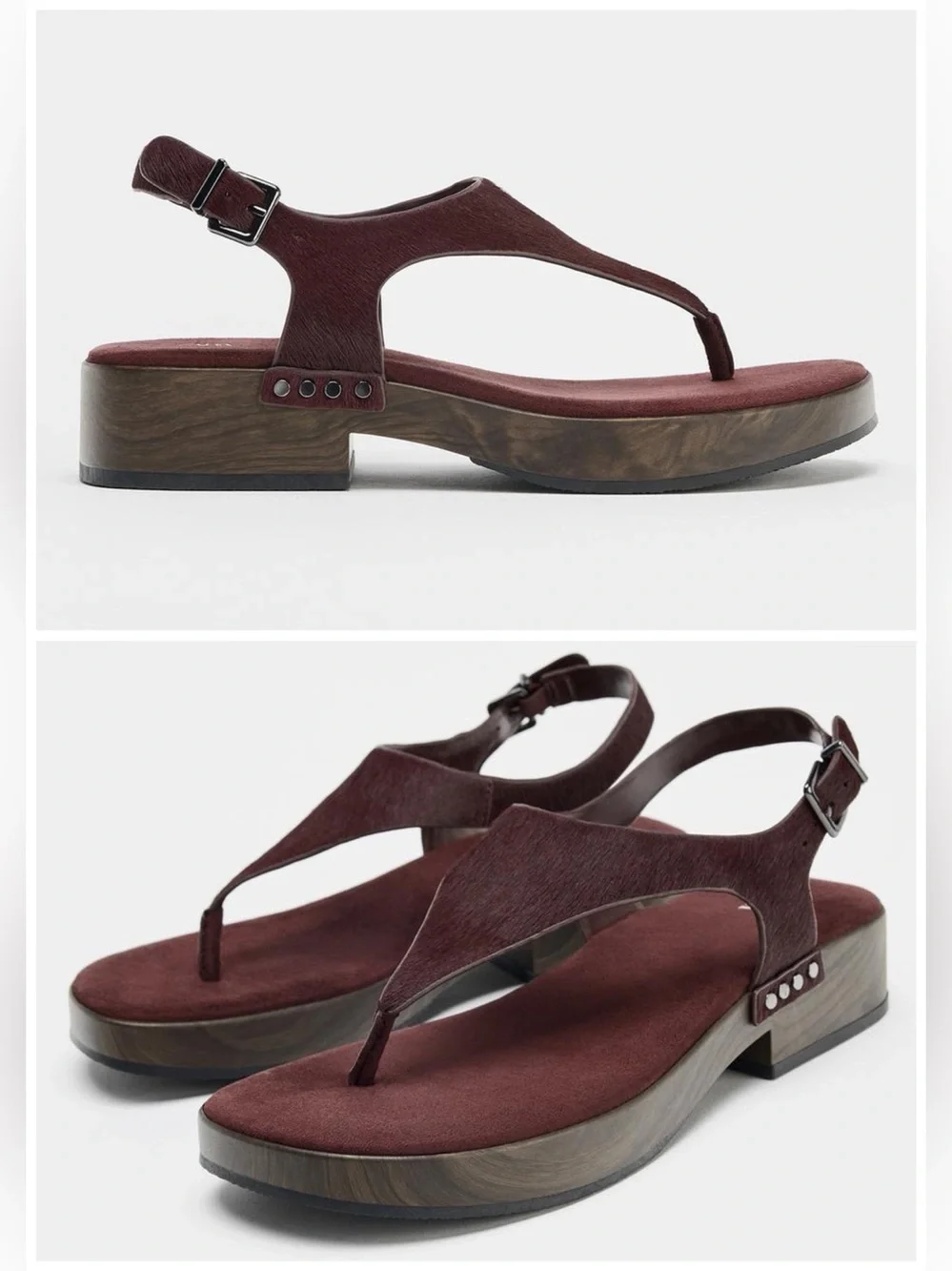 Zara Leather Strap Sandals With Rivets Burgundy Red Platform Sheep Skin Size 10 - Picture 3 of 15